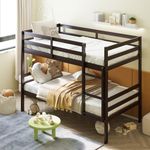 Giantex Bunk Bed Twin Over Twin, Solid Wood Bunk Bed with Sturdy Ladder & 12 Inch Safety Guard Rails, Twin Size Wood Bed Frame for Dormitory, No Box Spring Needed, Bunk Beds for Kids Teens, Espresso