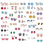 LABOTA 42 Pcs Stainless Steel Mixed Color Cute Animals Fox Heart Star Ladybug Bee Frog Mushroom Tree Daisy Umbrella Rose Gold White Pearl Stud Earrings Set (animal tree pearl)