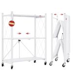 DEANIC 3-Shelf Foldable Storage Shelves with Wheels, Heavy Duty Shelving Unit, Freestanding Metal Wire Shelf Rack, No Assembly Organizer Rack for Garage Kitchen, Basement, Pantry, White