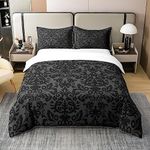 100 Percent Cotton Adults Black Damask Bedding Set Antique Victorian Baroque Duvet Cover King Gothic Vintage Floral Comforter Cover Bohemian Exotic Soft Breathable Bedspread Cover