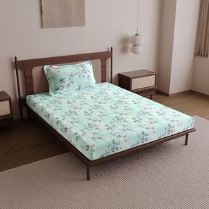 Divine Casa 144 TC Cotton Single Bedsheet with 1 Pillow Cover | Soft Breathable Bedsheet for Single Bed | Modern Printed Bed Sheet Set for Bedroom & Guest Room | 145 x 223 cm (Mint Green, Floral)