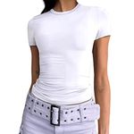 Abardsion Women's Casual Basic Going Out Crop Tops Slim Fit Short Sleeve Crew Neck Tight T Shirts, White, Small