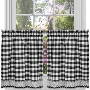 Sweet Home Collection Kitchen Window Curtain Panel Treatment Decorative Buffalo Check Design, 24" Tier, Black/White