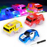 AniSqui Glow Tracks Cars Only, 3 Pack Light-up Race Flexible Cars with 5 LED Lights (Blue Police Car, Red Fire Engine Car, Yellow Truck), Slot Car Track Toy, Best Gift Racetrack for Kids Toddlers