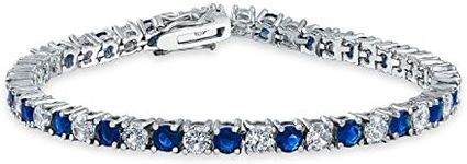 Royal Blue White Alternating Simulated Sapphire Round Cubic Zirconia 12.00 CT 4 Prong Basket Set Solitaire AAA CZ Tennis Bracelet for Women Prom Bride Silver Plated 7.5 Inch