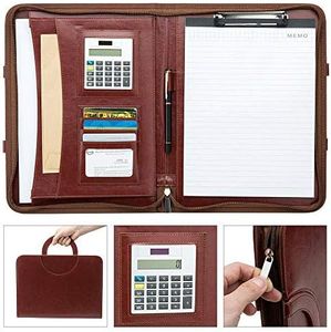 Conference Folder A4 Clipboard Folder Leather Multifunctional Document Organiser with Calculator Business Presentation Padfolio Travel Portfolio Writing Pad with Portable Handle Black