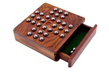 The Mind Challenge Wooden Brainvita and 34 Metal Balls with Drawer for Children and Adults Family Solitaire Board Game Brown Best Birthday Gift (Small)