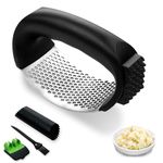 Exclusive Essentials Stainless Steel Garlic Press Rocker Set -Garlic Mincer with Meat Tenderizer Garlic Press Silicone Peeler & Cleaning Bursh- Arc Shape Design Garlic Crusher with Comfortable Grip