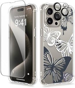 GVIEWIN for iPhone 15 Pro Case Floral, with Screen Protector+Camera Lens Protector, [Not Yellowing]Slim Shockproof Clear Protective Phone Cover for Women, Flower Pattern Design (Butterfly Dance/Grey)