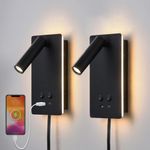 MOLUOLA LED Wall Lamp Wall Mounted Reading Lights Set of 2, Adjustable Headboard Plug in Wall Sconce with USB C+A Ports, Headboard Bedside Lamp with 9W+3W Night Light 3000K (Black)