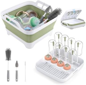 Collapsible Wash Basin for Baby Bottles with Drying Rack – 2.4 Gallon Foldable Dish Tub with Handles, Portable RV Camping Sink & Space-Saving Wash Bin with Lid for Kitchen, Travel & Outdoor, Green