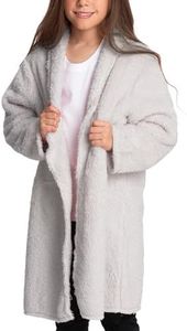 Mad Dog Sherpa Fleece Cardigans for Girls 5-12 Y, Cozy Kids Winter Fall Sweater Coats, Long Jacket for Home & Outdoor Wear, Grey, 11-12 Y
