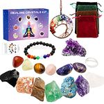 Healing Crystals Stones Set for Beginners - Chakra Crystals and Healing Stones Gift Kit with 7 Raw 7 Tumbled Gemstones Amethyst Lava Bracelet Necklace Selenite for Yoga Meditation Christmas