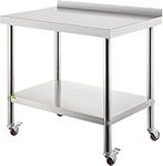 VEVOR 36 x 24 x 35 Inch Stainless Steel Prep Table, 440lbs Load Capacity Heavy Duty Metal Worktable with Backsplash Adjustable Undershelf & 4 Casters, Commercial Workstation for Kitchen Restaurant