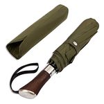 Balios (Designed in UK) Travel Folding Umbrella Lux Hardwood Handle Auto Open & Close Windproof Single Canopy (Olive Green)