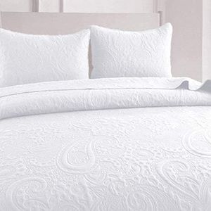 HaraDeco Colcha Blanca Floral Lisa. Colcha de Verano Ligera. Cubrecama + 2 Fundas Almohada para Todas Las Estaciones. Hogar y Hosteleria(Cama Matrimonio 140/150cm. Blanca Floral)
