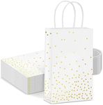 Sparkle and Bash 25 Pack Small Gift Bags with Handles - White Paper Bags with Gold Foil Polka Dots for Birthday, Wedding, Retail (5.5x3x9 In)