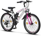 Licorne Guide Mountain Bike - 24 Inch - Shimano 21-Speed Gears, Fork Suspension - Children's Bicycle for Boys and Girls - Frame Bag, girls, white/pink