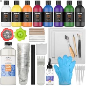 Nicpro 115 Pack Large Volume Acrylic Pouring Art Supplies , 8 Colors 8 oz Acrylic Paints Set, Pouring Medium Starter Kit with Pour Oil, 4 Pack Canvases, Cups, Mixing Sticks, Gloves, Strainers, Brushes for Painting