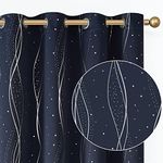 Vangao Navy Blue Blackout Curtains 63 Inches Length for Living Room Bedroom Silver Wave Foil Print Thermal Insulated Grommet Top Window Drapes 2 Panels