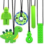 6PCS Sensory Chew Necklace, Teether Chew Toys Safety Food Grade Silicone for Kids Toddlers ADHD, Autistic, Biting Needs, Oral Motor Teether Chew Pendant Toy with Adjustable Buckle for Baby Boys(Green)