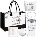 Paterr 6 Pcs Wedding Gifts Including 20 oz Tumbler Canvas Tote Bag Makeup Bag Ceramic Jewelry Tray Compact Mirror Bracelet(Floral Mother of the Groom)