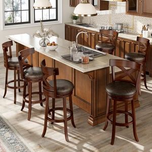 Sophia & William Swivel Bar Stools Set of 6, 30 Inch Bar Height Barstools with Cross Back & Solid Wood Legs, Walnut Kitchen Island Stools, Brown