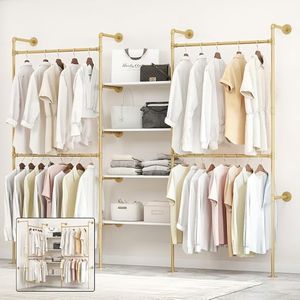 DABILONGC Industrial Pipe Clothing Rack, Heavy Duty Adjustable Garment Hanger with Shelves, 2 Installation Methods Closet Storage System for Wardrobe Organization (Gold, 80" H x 86" W)