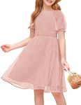 Arshiner Tween Dress Flutter Stretchy Short Sleeve Off Shoulder A-Line Summer Vacation Vintage Dress Light Pink 8-9Y