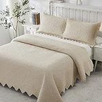 Brandream Beige Queen Size Quilt Set Cotton Vintage Matelasse Bedding Luxury Scalloped Coverlet Set 3 Piece