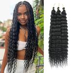 24 Inch Ocean Wave Crochet Hair Extensions 3 Packs Deep Wave Curly Braiding Hair Extensions Synthetic Crochet Braids for Black Women(1B)