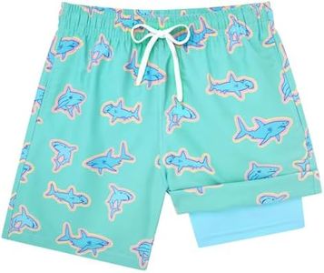 Cozople Boys Compression Swimsuit with Boxer Brief Liner Swimming Trunk Shark Swim Shorts Anti Chafe Green Bathing Suit Quick Dry UPF Swimwear Size 10-12