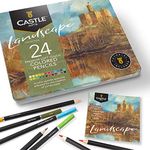 Castle Arts Themed 24 Coloured Pencil Set in Tin Box, perfect colours for ‘Landscapes’. Featuring quality, smooth coloured cores, superior blending & layering performance achieving great results