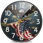 Naanle USA Patriotic American Flag Blad Eagle Round Wall Clock, 12 Inch Silent Battery Operated Quartz Analog Quiet Desk Clock for Home,Office,School