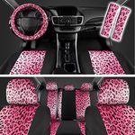 carXS Leopard Print Car Seat Covers Full Set, includes Matching Seat Belt Pads and Steering Wheel Cover, Two-Tone Cheetah Hot Pink Seat Covers for Women, Car Seat Protector Interior Covers