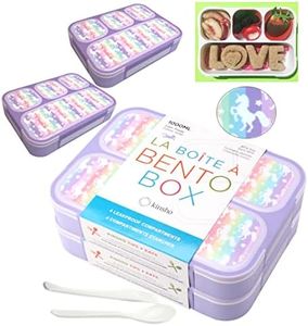 kinsho Unicorn Lunch Boxes for Girls, 4 Compartment Bento-Box Lunch-Box for Kids, Toddlers School Daycare Travel Snack Containers, Utensils, Rainbow Unicorns 2 PACK Set