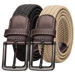 Alphyly Neries 2 Pack Mens Elastic Belt, Braided Golf Belt For Men, Canvas Fabric Stretch Belt, Black Khaki For Waist 36-39''