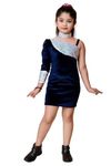 SPAMitude - Girls Midi Knee Length Velvet Party Dress | Festive Dress | Knee Length Bodycon Dress | Fashion Sleeve Fancy Dress for Birthday Girl (8-9 Years, Navy Blue)