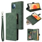 RANYOK Wallet Case for iPhone 14 (6.1 inch) with RFID Blocking Credit Card Holder, Premium PU Leather Zipper Pocket Flip Folio Case Wallet with Wrist Strap Kickstand Protective Case (Black Green)