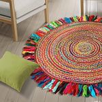 GRUHUM Round Jute Area Rug 6ft Natural Fiber Cotton Fringes Handmade Boho Multicolour Soft Braided Rustic Vintage Rugs for Indoor Outdoor Kitchen Bedroom Living Room Hallways Enterway (6'ft Circle)