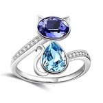 AOBOCO Sterling Silver Cat Ring, Blue Purple Crystals from Austria, Cute Pet Kitten Kitty Adjustable Open Ring, Cat Gifts for Cat Lovers, Anniversary Birthday Cat Jewelry Gifts for Women