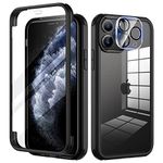 seacosmo for iPhone 11 Pro Case Full-Body Shockproof Case with Built-in Glass Screen Protector and Camera Lens Protector Rubber Bumper Case Cover for iPhone 11 Pro 5.8 Inch- Black/Clear