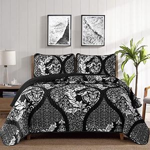 DJY Black Quilt Set California King, Boho Damask Bedspread Coverlet Set Soft Lightweight Microfiber Bedding Set 3 Pieces for All Season (106"x96")