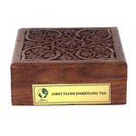 INDOCHA Darjeeling First Flush Black Tea in Handcrafted Wooden Decorative Gift Box with Beautiful Velvet Bag | Premium Long Leaf | Full Carving Box | 100g | Makes 50 Cups | Rich in Anti-oxidants |