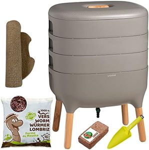 Moutta | Urbalive 3 Schalen Grau, Komplettset I Design Wurmkomposter I 500g Kompostwürmer / 1000 STK. I Startersubstrat I Hanfmatte + Schaufel I Innenraum, Balkon und Garten