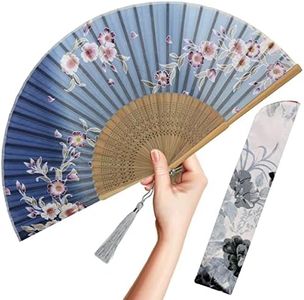 OMyTea Folding Hand Fan for Women - Foldable Chinese Japanese Vintage Bamboo Silk Fan - for Hot Flash, Church, Decoration, EDM, Music Festival, Dance, Party, Performance, Gift (Gray Redbud)