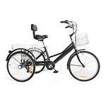 Chynalys 24'' Adult Trike Bike Cruiser Bikes with Backrest, 7 Speed Foldable 3 Wheel Bicycle with 2 Baskets, Cycling Tricycle Cruiser Trike for Outdoor Sports (Black)