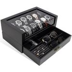 KAMIER Luxury 12 Slot Wooden Watch Box for Men, Elegant Black Two-Tier Display Case with Watch Holders and Drawer, Ideal for Watch Collectors