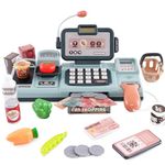 Cash Register Toy Pretend Play Toy Play Kitchen Set with Sound Scanner Food Shopping Basket Pretend Credit Card for Boys Girls 3 4 5 6 7 8 Years