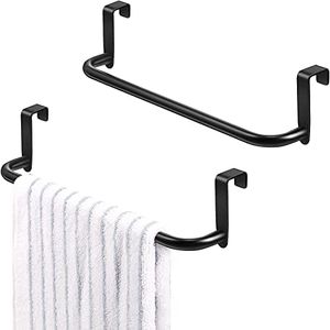 2 Pieces Metal Towel Bar Kitchen Cabinet Towel Rack Strong Steel Towel Bar Rack for Hanging on Inside or Outside of Doors, Home Kitchen Bathroom, Hand Towels, Dish Towels and Tea Towels (Black)